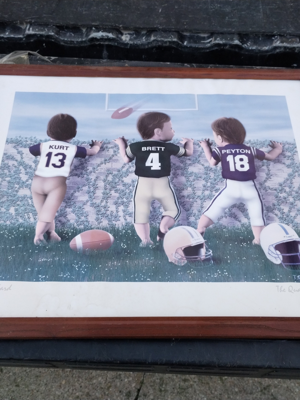 Framed Kurt Warner, Brett Farve, Payton Manning Football Art Print